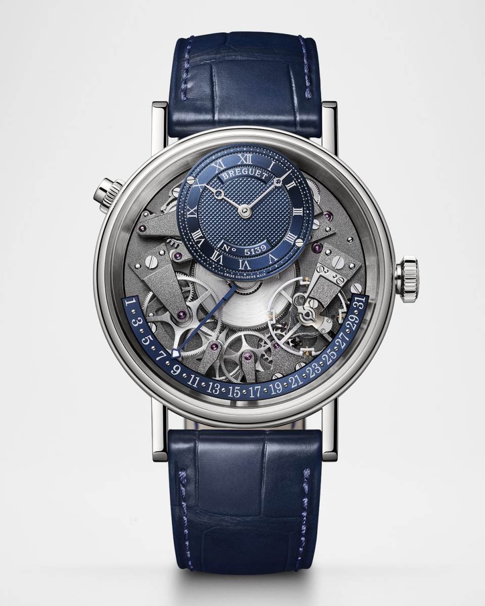 Tradition 18K White Gold 40mm Skeleton Watch with Alligator Strap